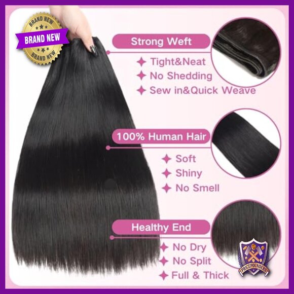 24 Inch Straight Human Hair Extensions 3 Thick Bundles Quick Weave main image 4